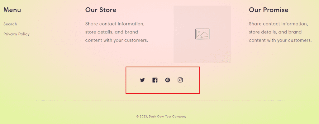 Add facebook Twitter Pintrest links to the Shopify footer