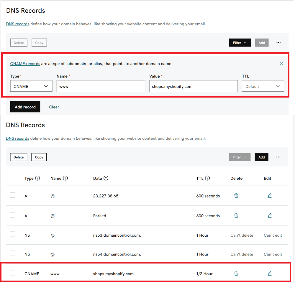 Adding CNAME Record in the domain name provider