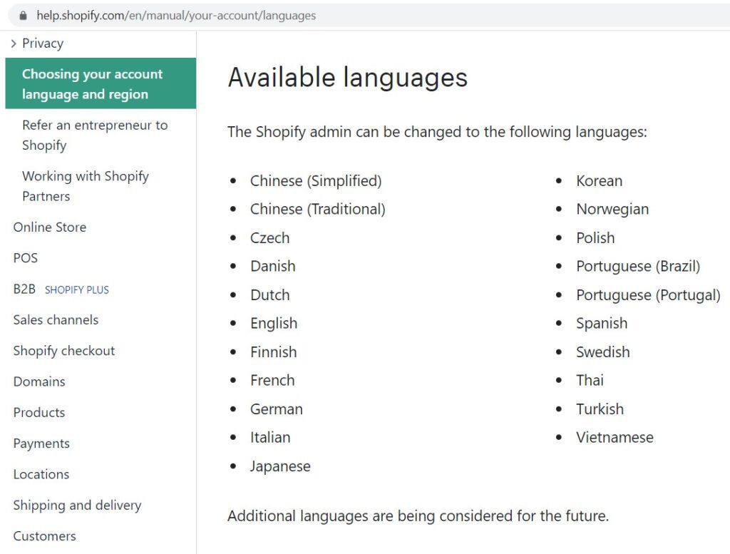 Shopify Admin Languages