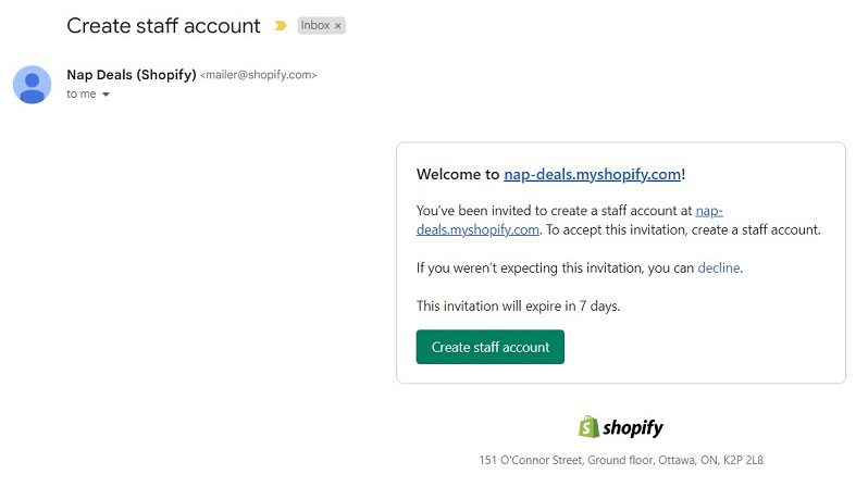 Shopify user invitation email