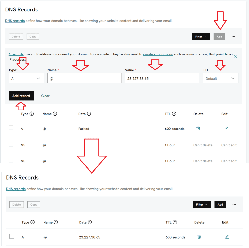 Adding A record in the domain provider