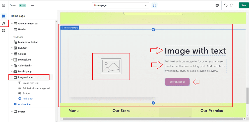 how to add image with text heading description on shopify