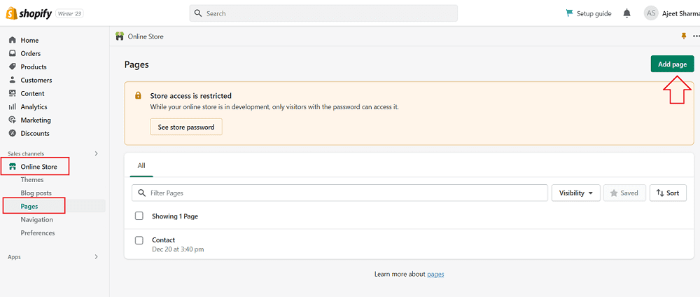 how to add pages to the Shopify store