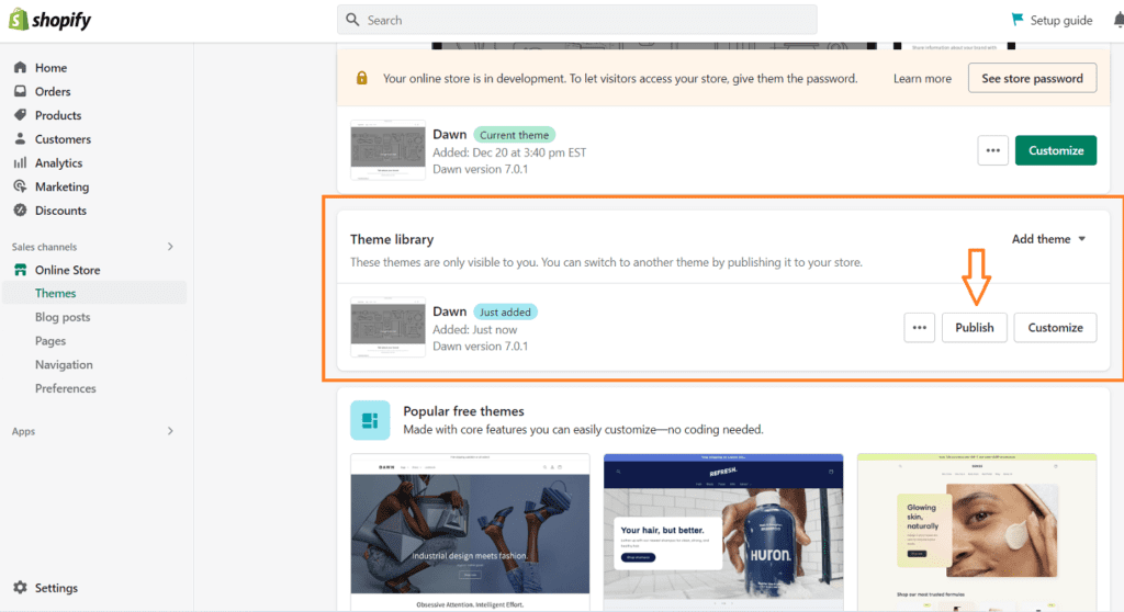 how to publish newly added theme in shopify store step by step