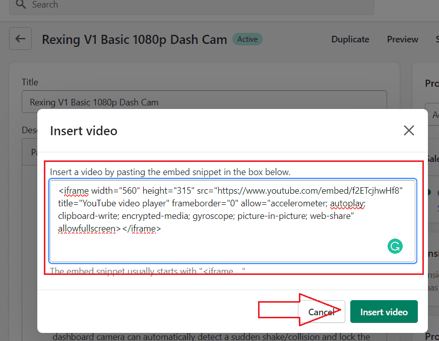 insert video in to Shopify Product Page
