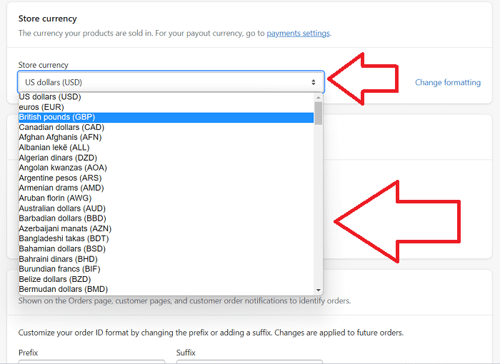 shopify store currency change