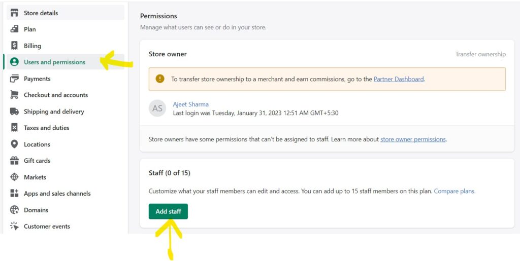 How to add staff member to Shopify