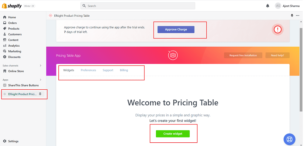 Elfsight Product Pricing Table app configuration