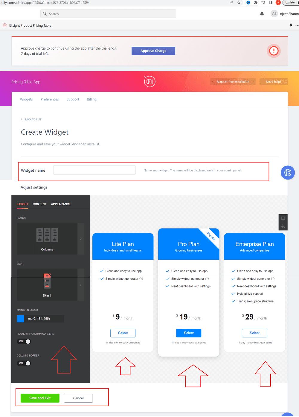 Elfsight Product Pricing Table app create widget