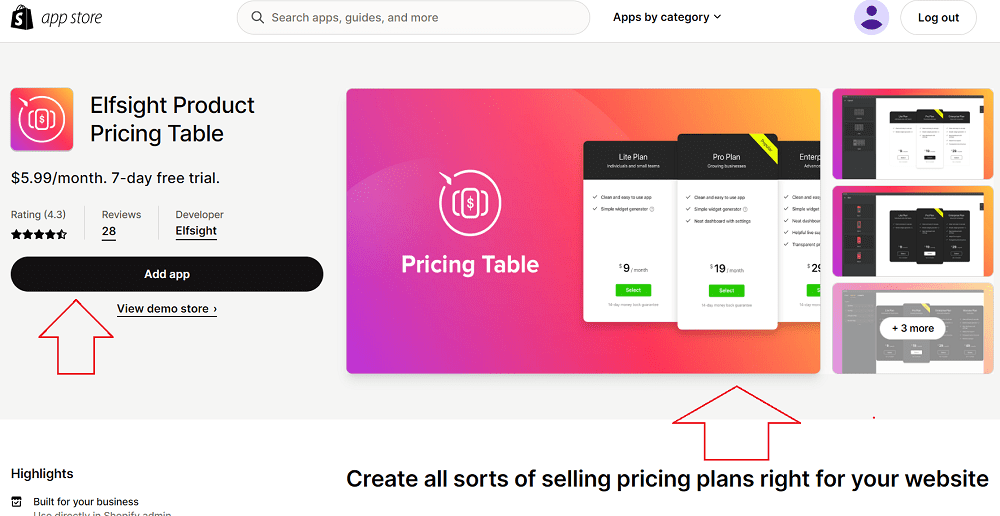 Elfsight Product Pricing Table