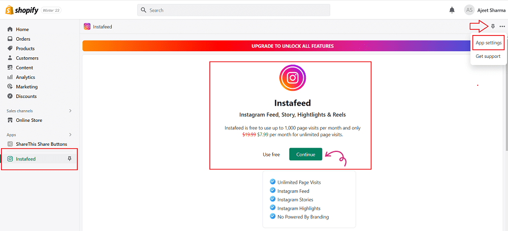 Instafeed app dashboard