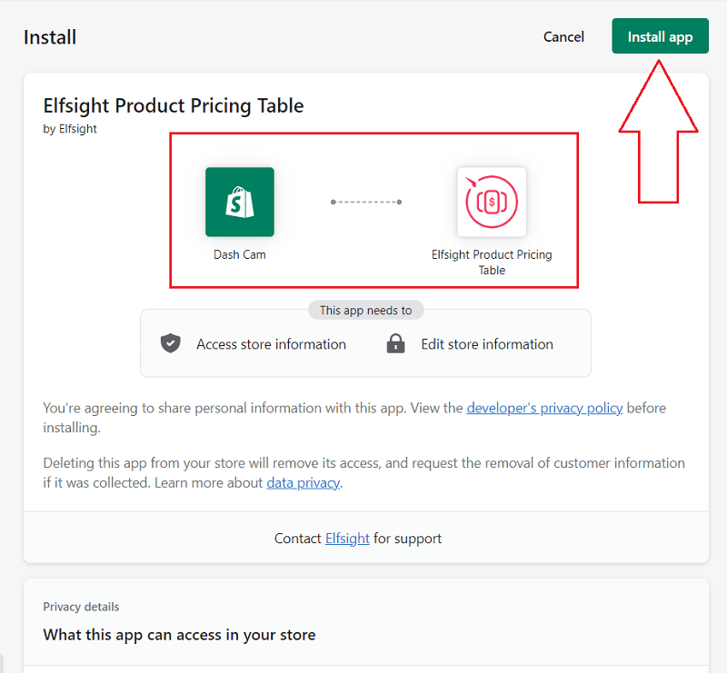 Install Elfsight Product Pricing Table in to store