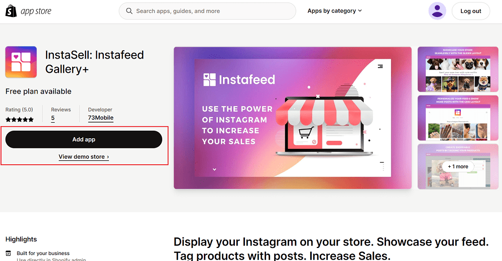 Add Instasell Instafeed app to shopify store