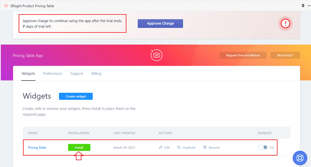 create pricing table widget