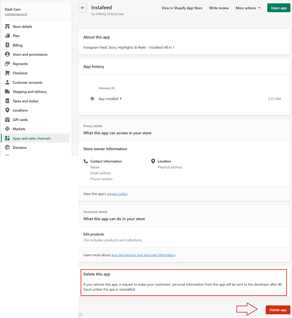 Delete Instafeed app from Shopify store