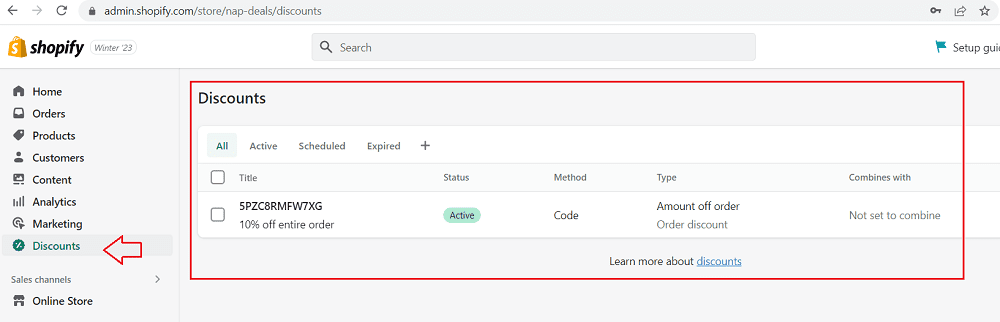 list of discounts in Shopify store