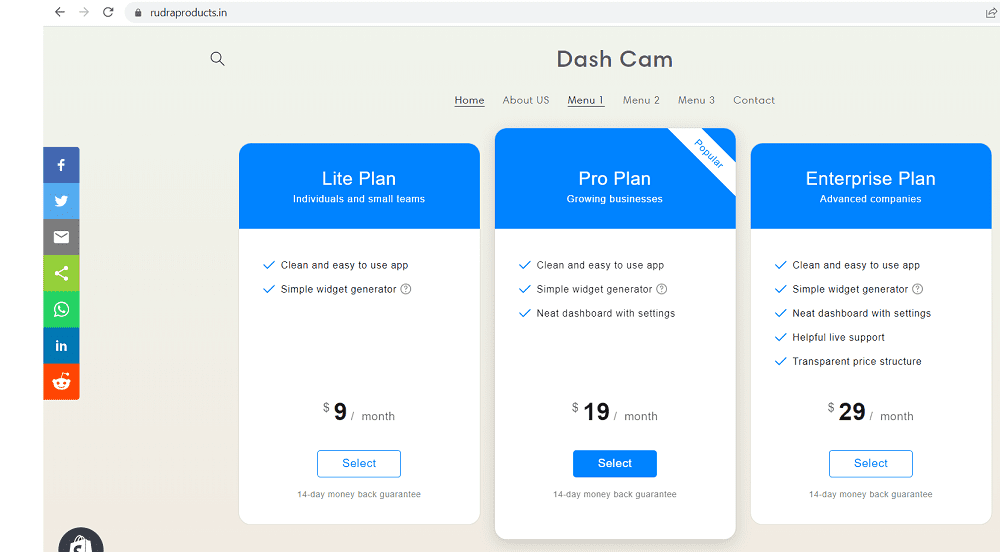 pricing table widget added to the home page