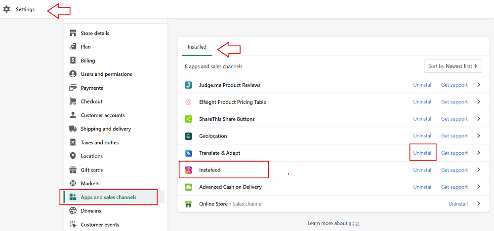uninstall the shopify app