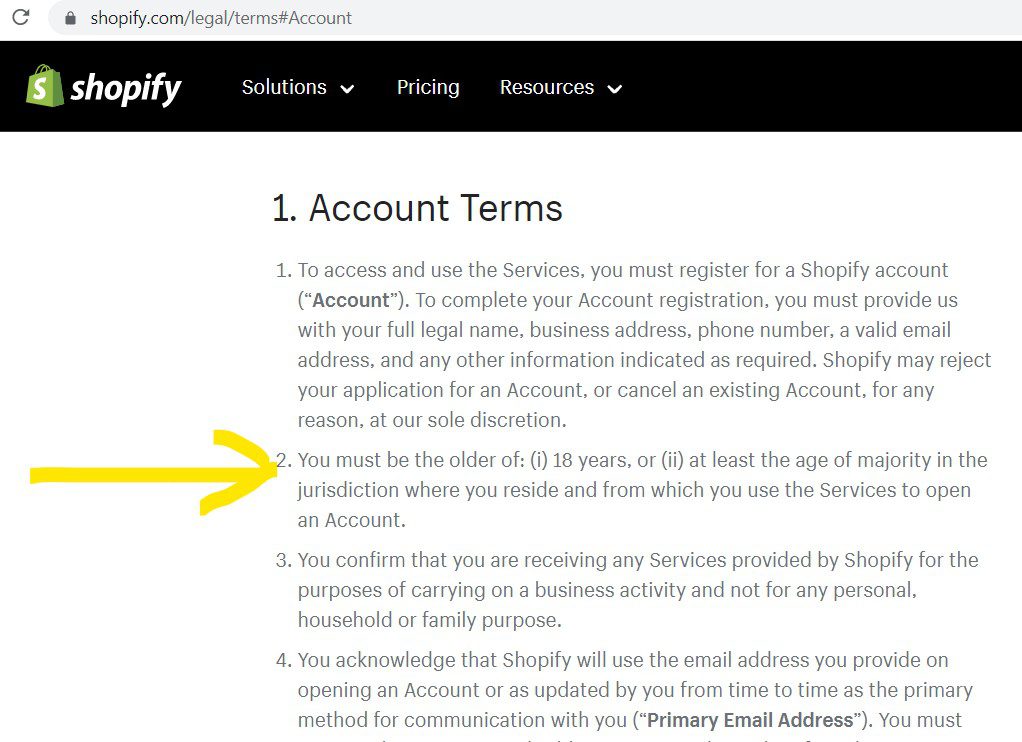 Can you use Shopify under 18?