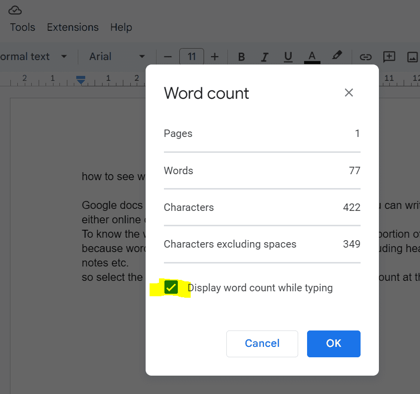 How do I see word count in Google Docs with edits?