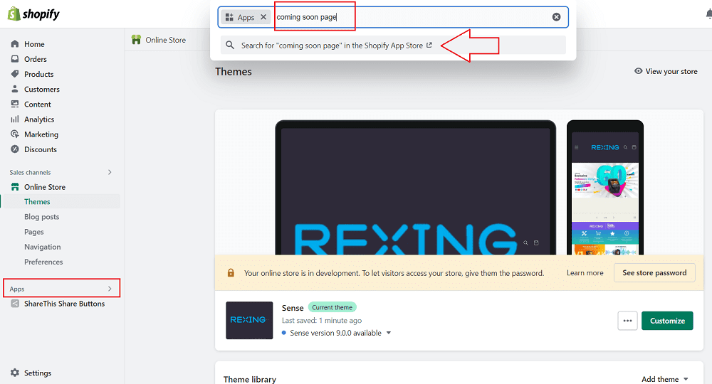 add coming soon page app from shopify app store