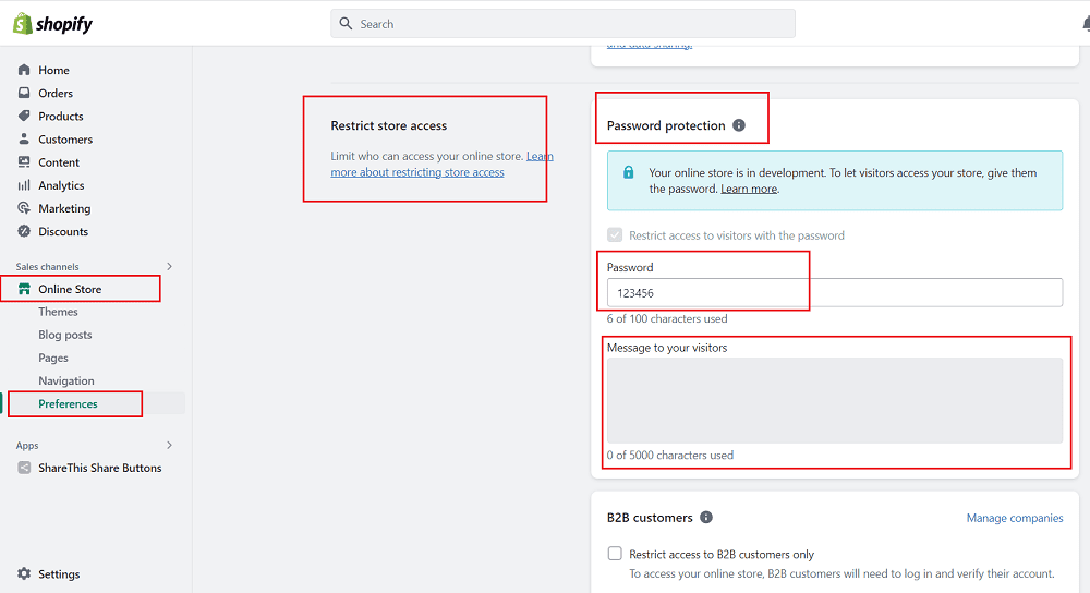 how to set password on shopify store