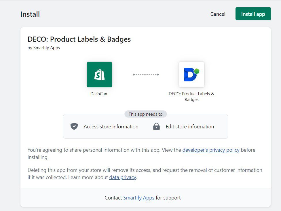 install Deco product labels app to shopify store