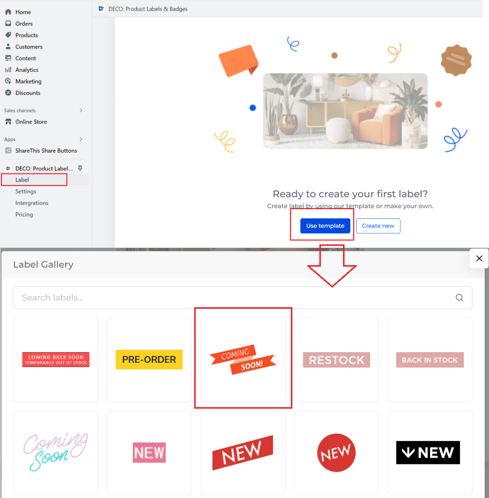 product labels template in Deco app