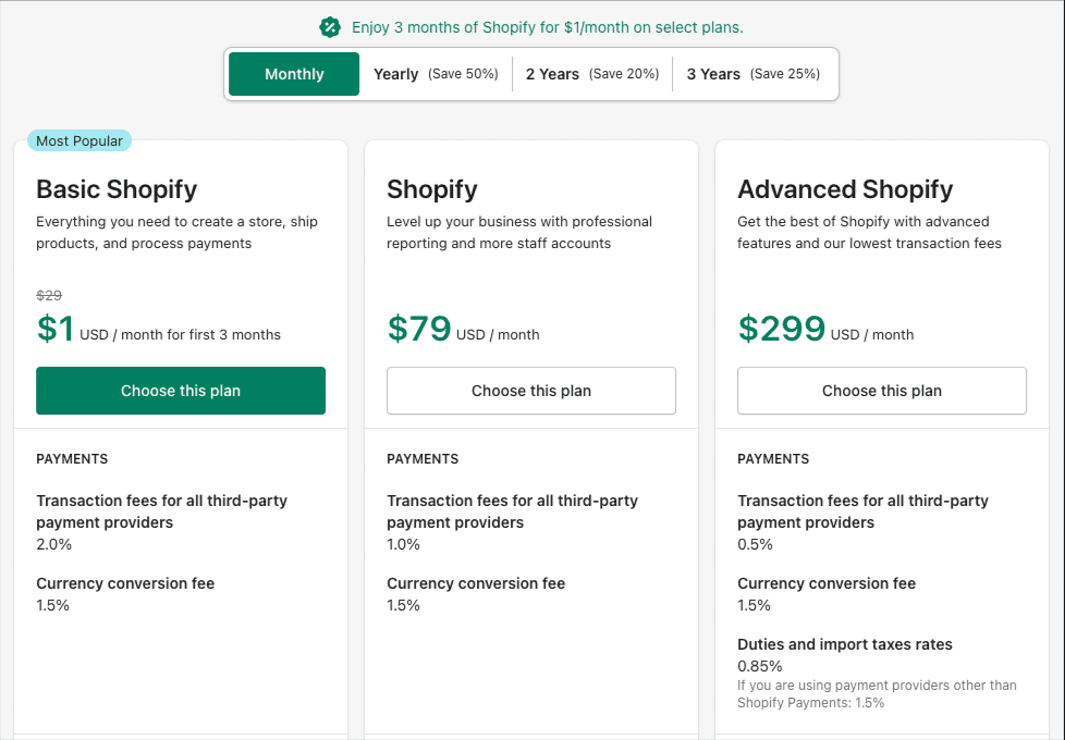 shopify free trial pricing for 3 months