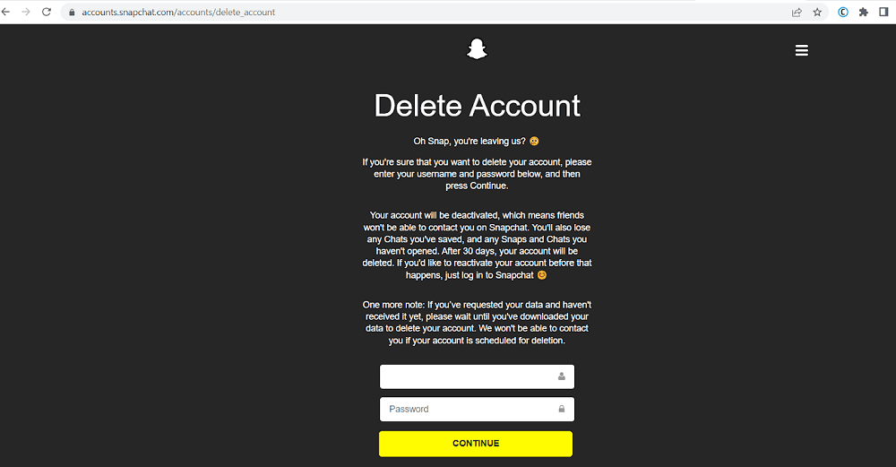 Delete My Snapchat Account password confirmation