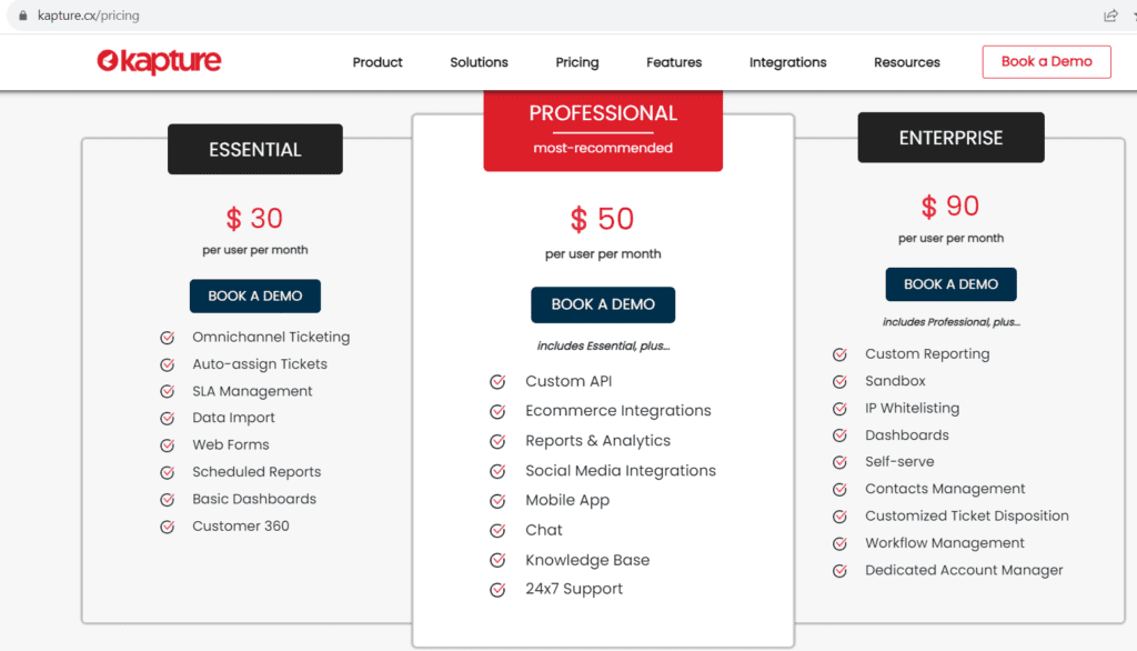 Kapture CRM For Travel Agency Pricing list