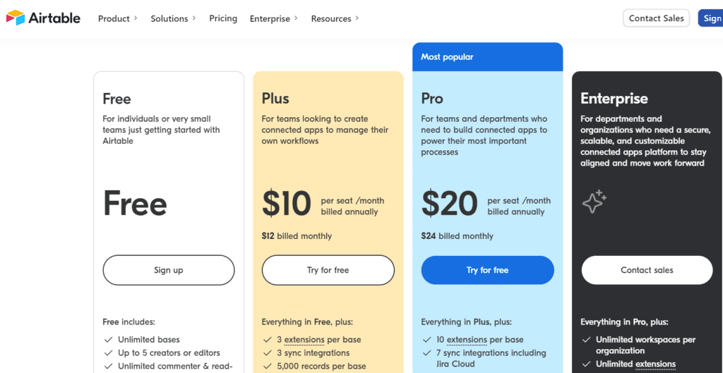 Airtable pricing list
