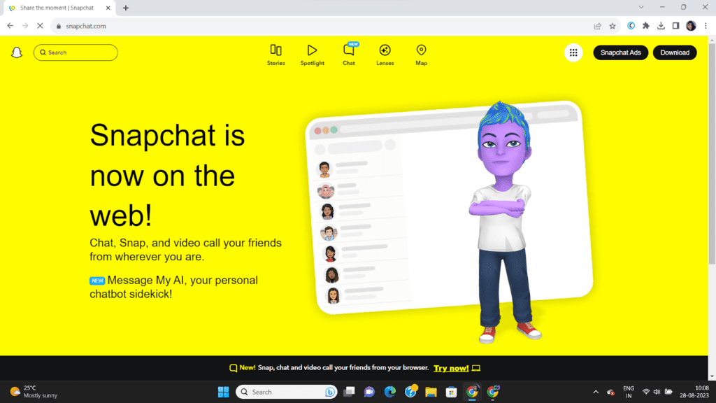 open snapchat on the web browser