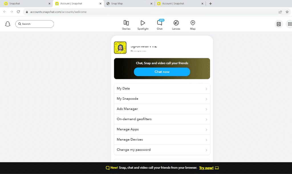 open snapchat profile account on web
