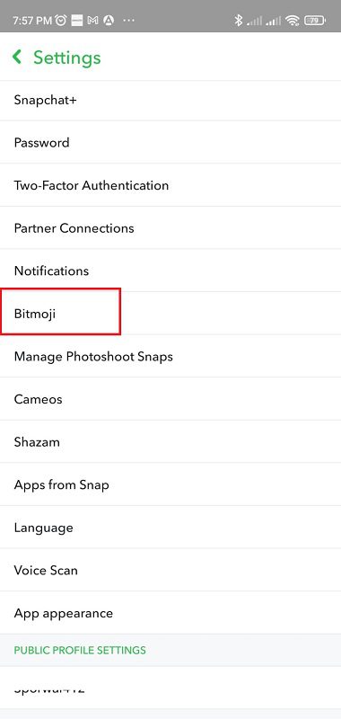 select bitmoji option in the account setting