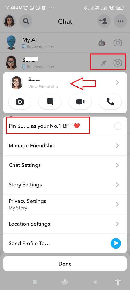 find the pinned friend chat in snapchat